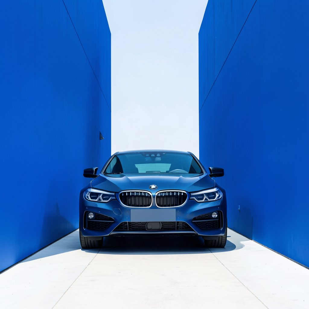 Автомобиль BMW тёмного цвета, динамичный ракурс, строгие линии кузова